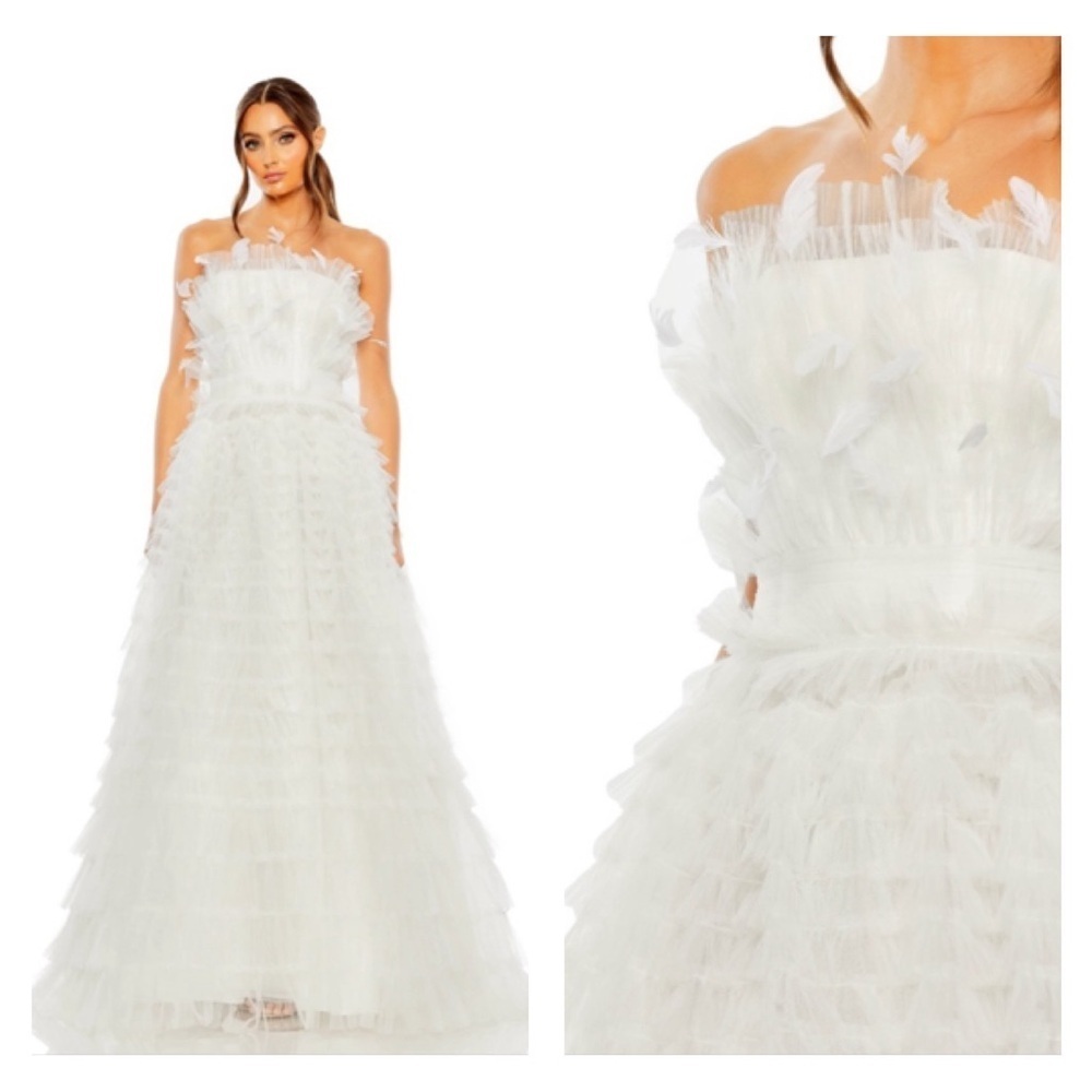Mac Duggal 20530 Nwt White Strapless Ruffle Gown With Feathers